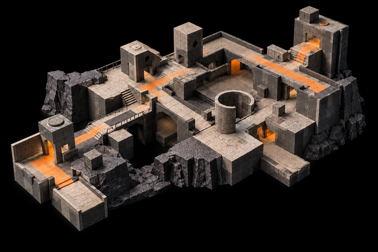 Editorial illustration of a modular game level prototype with an orange path through platforms and corridors